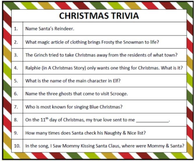 Holiday Trivia Worksheets